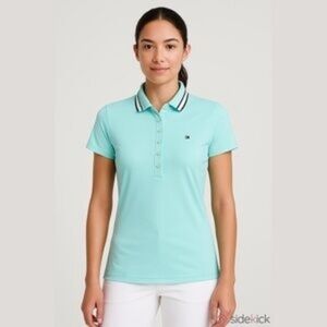 NEW-Tommy Hilfiger Aqua Polo Shirt with Striped Collar, Size XL